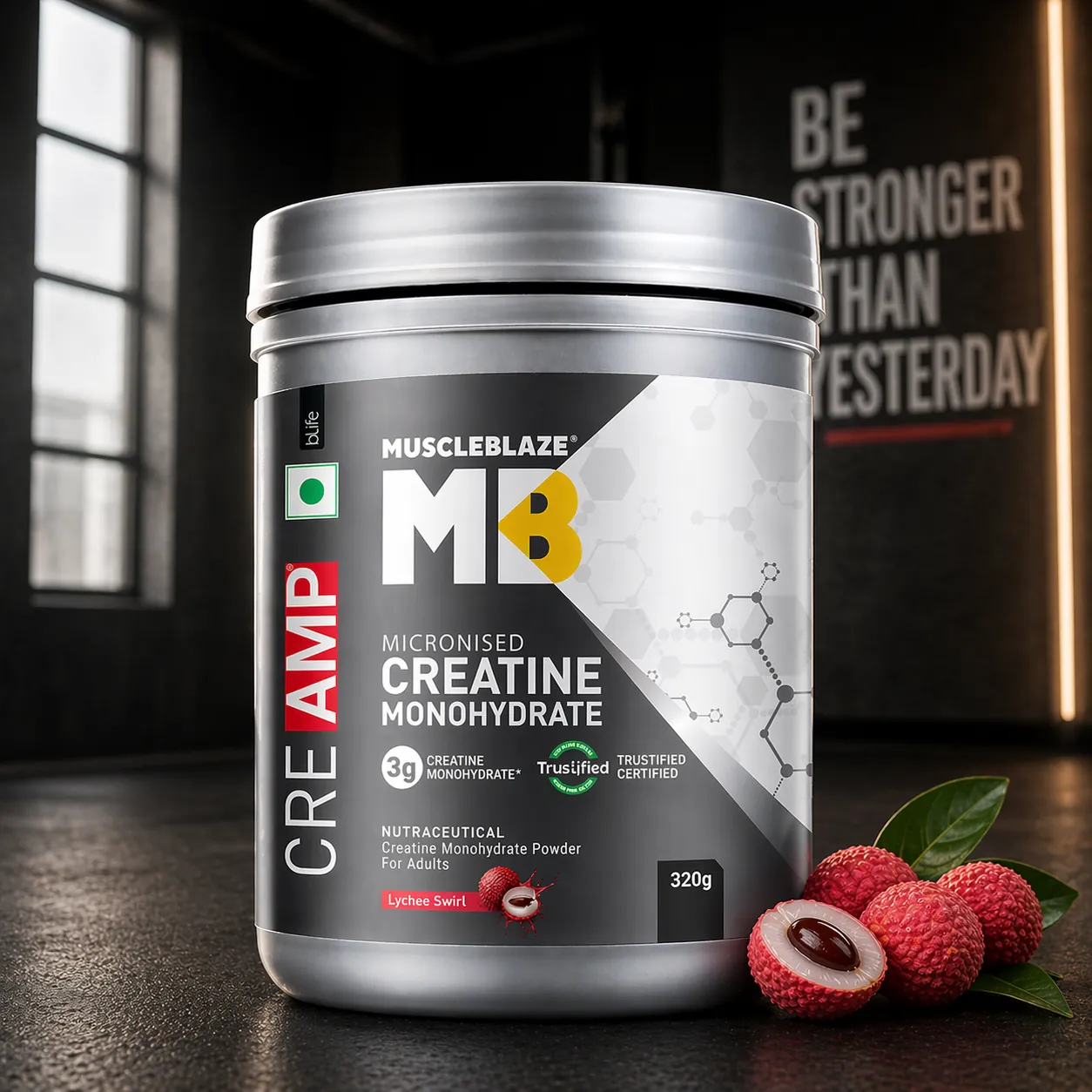 MuscleBlaze Creatine Monohydrate CreAMP | 320g | 80 Servings | MB Lychee swirl flavor Creatine