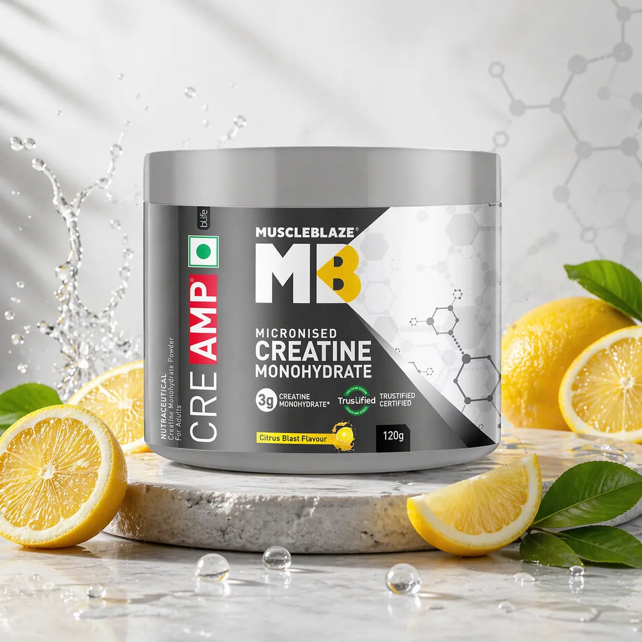 MuscleBlaze Creatine Monohydrate CreAMP | 120g | 32 Servings | MB Citrus Blast flavour Creatine