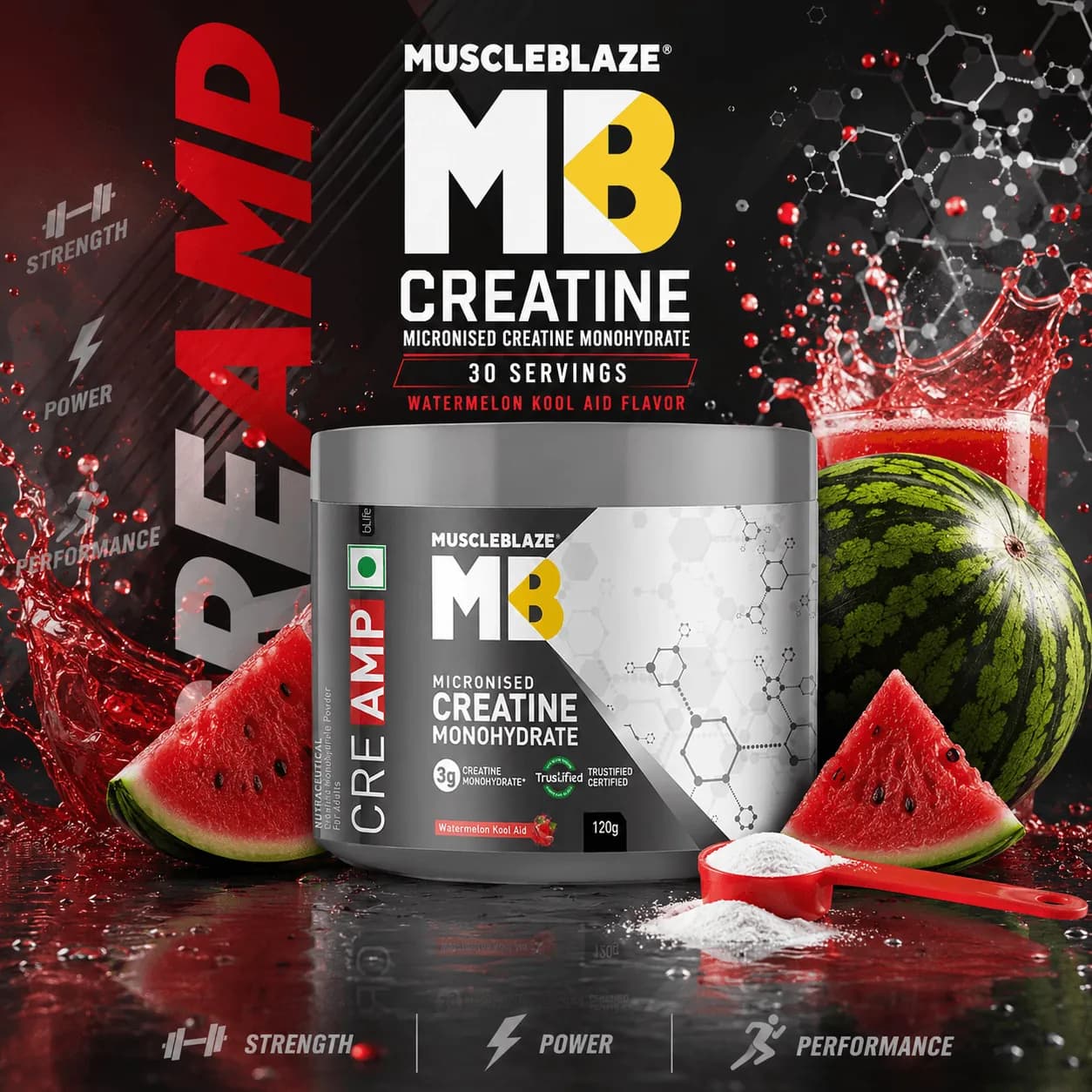 MB Creatine Monohydrate CreAMP Powder, Watermelon Kool Aid (30 Servings, 120g) | Trustified Certified Creatine