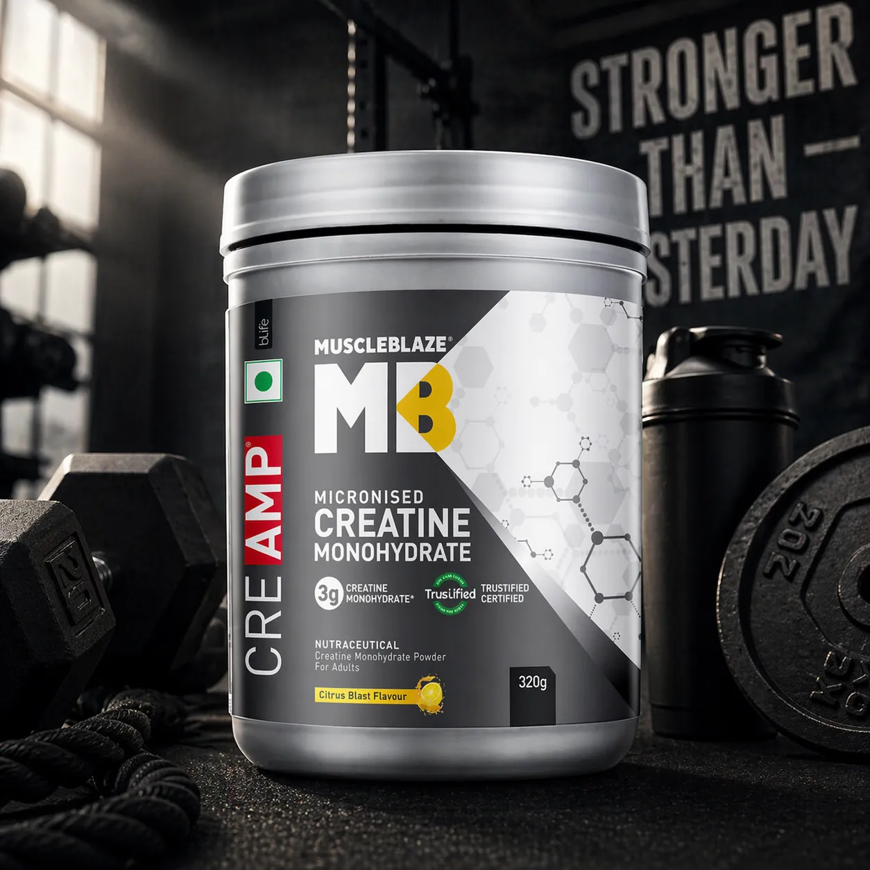 MuscleBlaze Creatine Monohydrate CreAMP | 320g | 80 Servings | MB Citrus Blast flavour Creatine