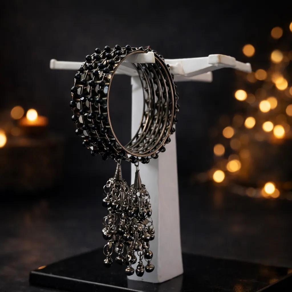 Oxidized Black Beaded Bangle Set