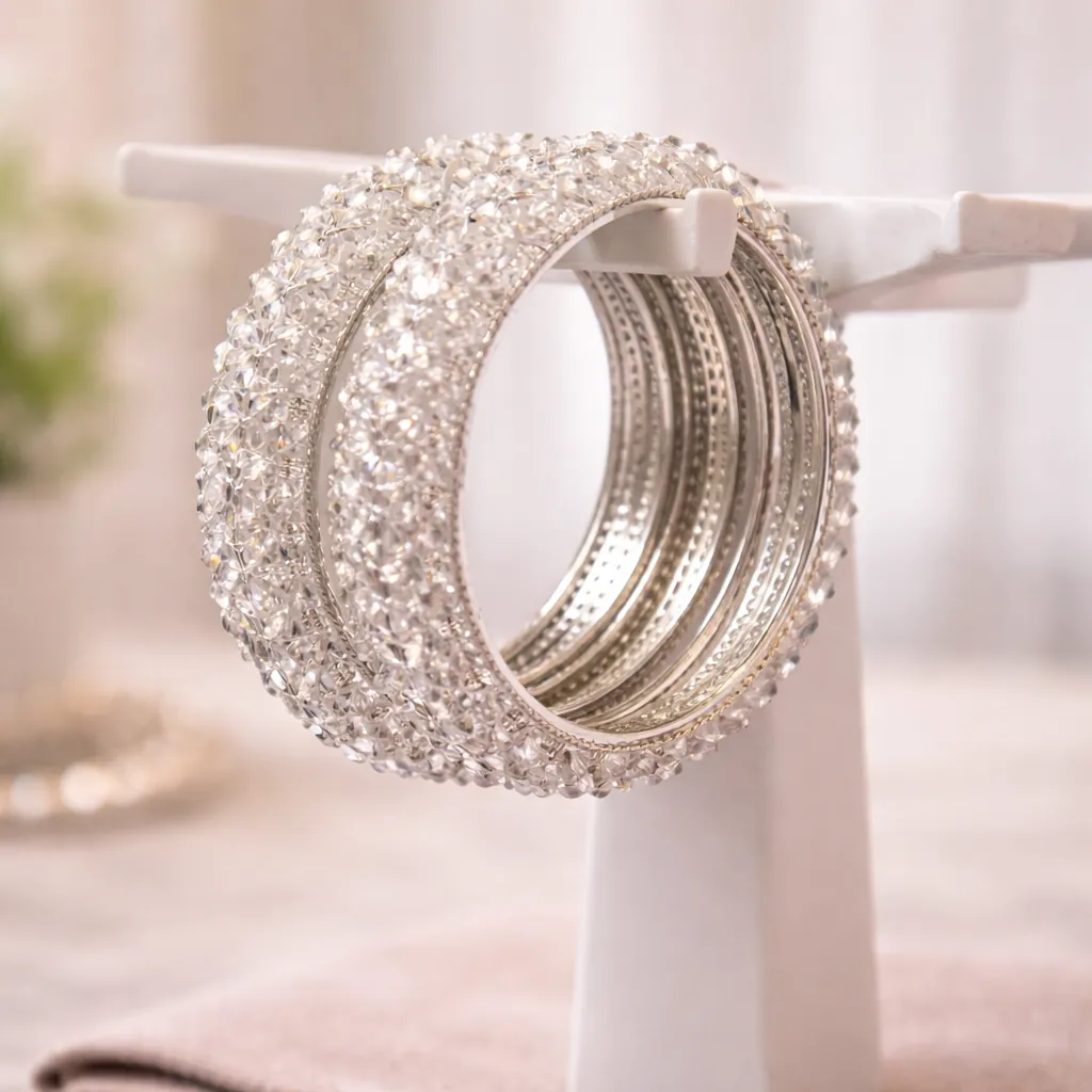 Silver Clear Crystal Designer Bangle Set