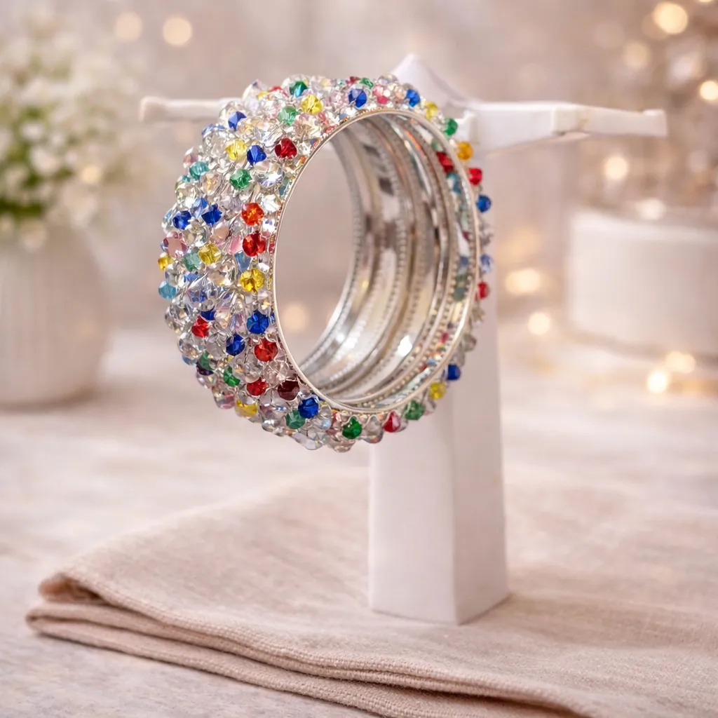 Silver Multicolor Crystal Designer Bangle Set