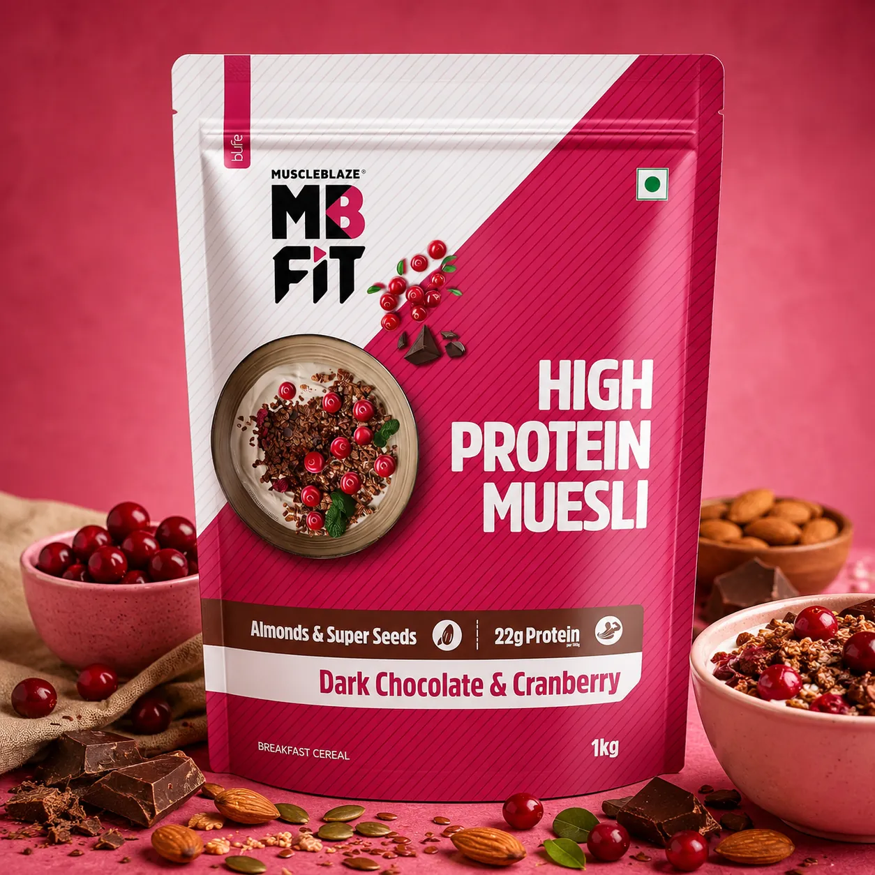 MB Fit High Protein Muesli – Dark Chocolate & Cranberry 1KG - 22g Protein